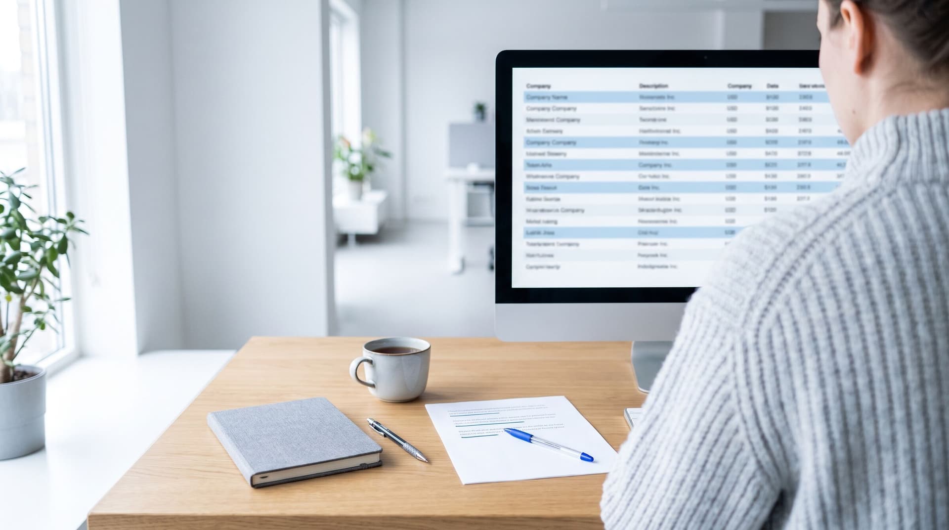Recherche am Bildschirm: Liste von Unternehmen mit markierten Zeilen, daneben Notizen