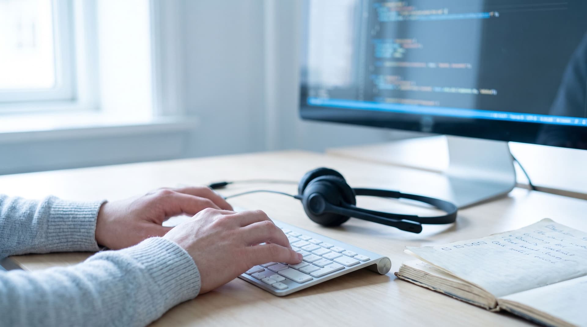 Hände an einer Tastatur vor einem Monitor mit Quellcode, daneben ein Headset und ein Notizbuch