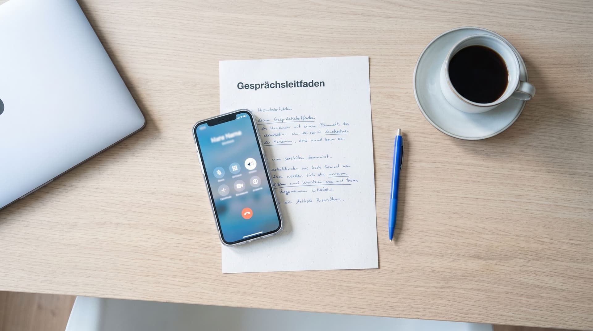 Smartphone mit laufendem Anruf auf dem Schreibtisch, daneben ein Gesprächsleitfaden mit Notizen und ein Kaffee