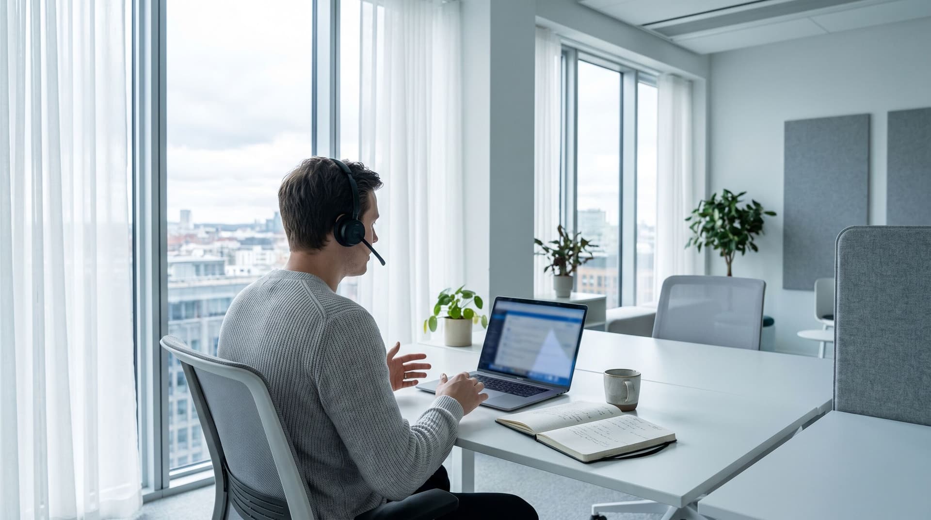 Vertriebler mit Headset am hellen Schreibtisch im Gespräch, daneben Laptop und Notizbuch