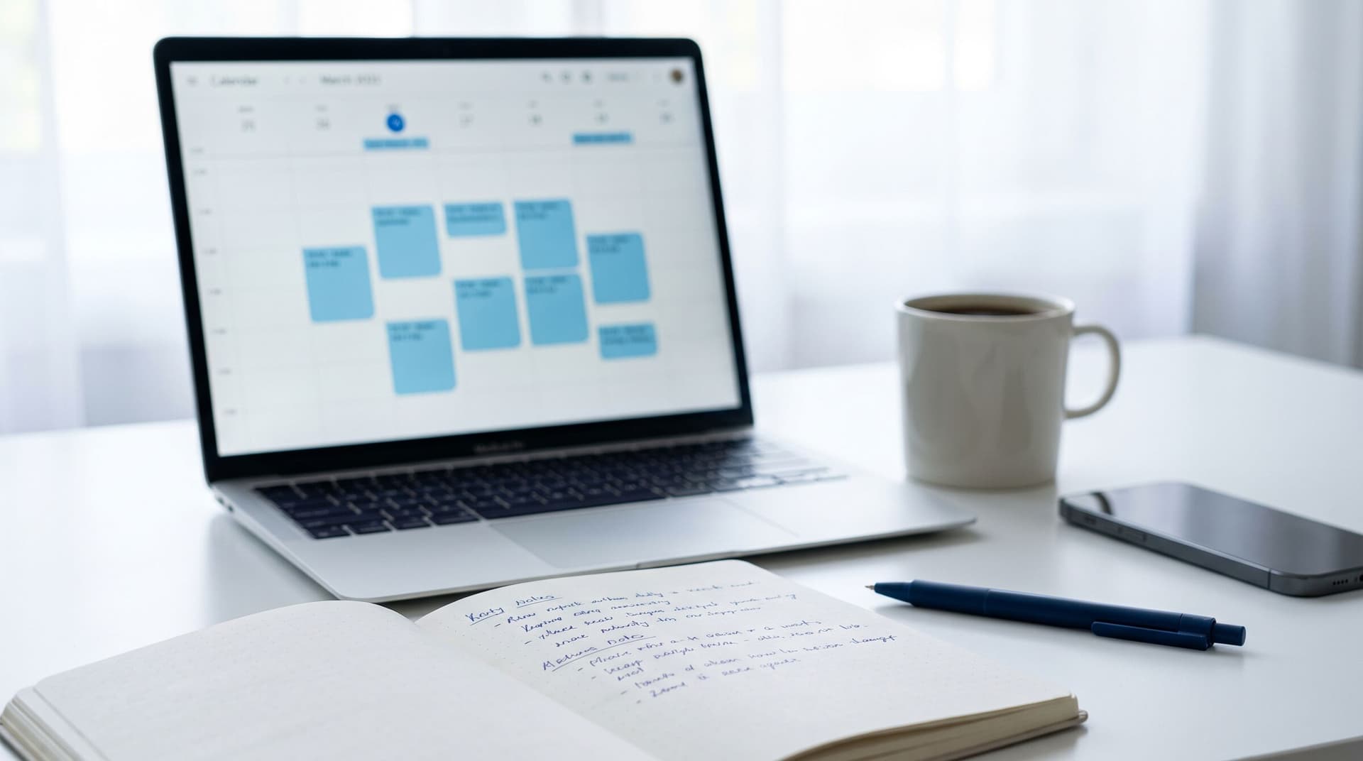 Laptop mit Wochenkalender und blauen Terminen, davor ein Notizbuch mit Gesprächsnotizen
