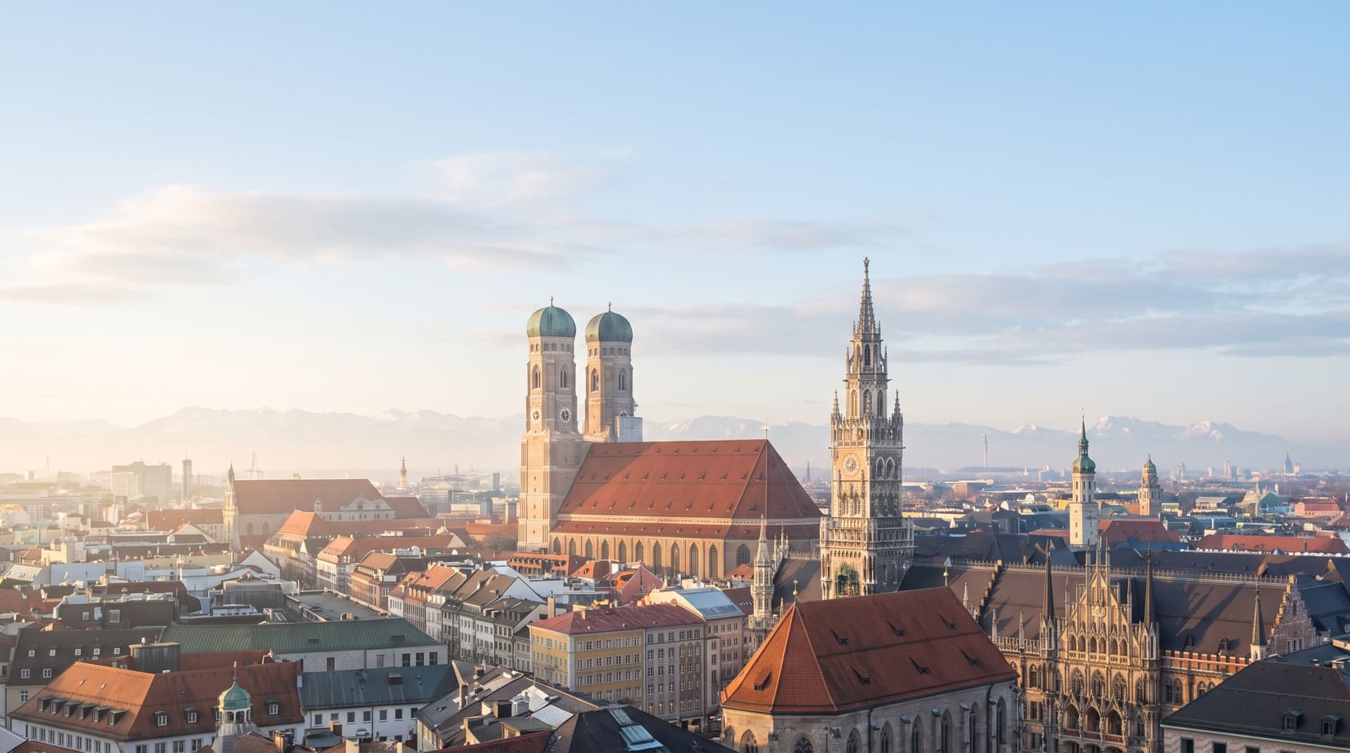 Frauenkirche und Neues Rathaus über den Dächern von München, die Alpen am Horizont